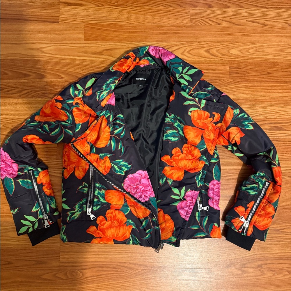 New Express Black Bomber Jacket with Orange and Pink Floral Design